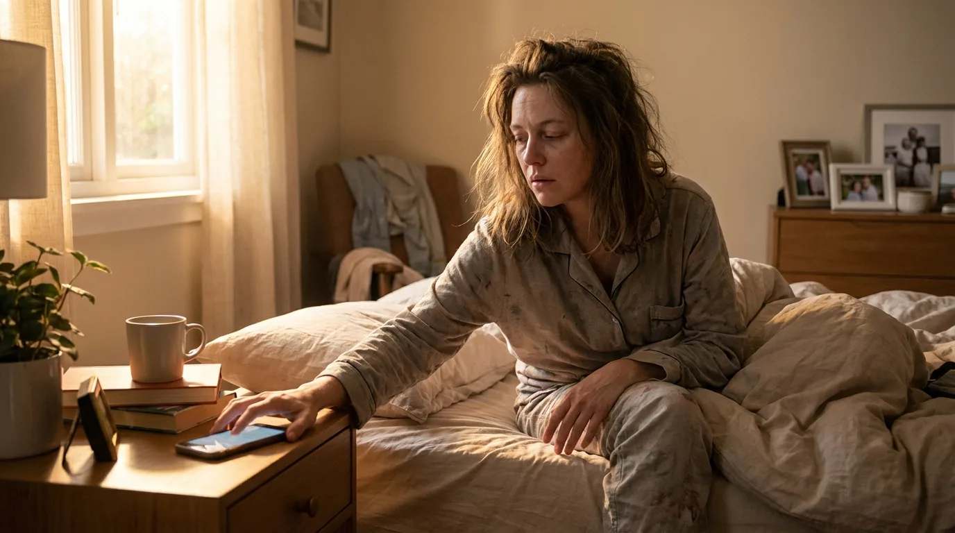 Sleepy adult reaching for an alarm in a sunrise bedroom